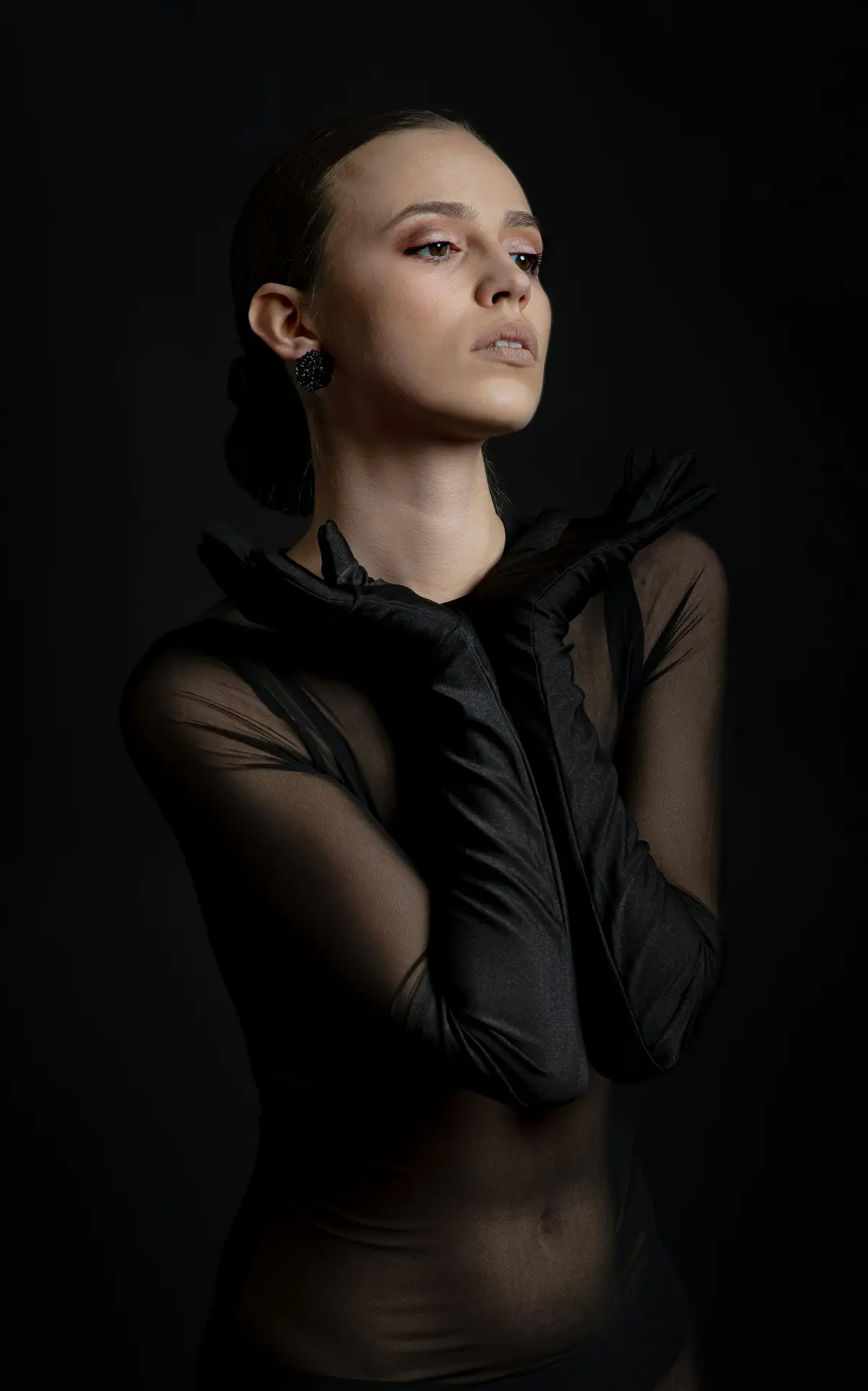 A full-length sheer black look with elbow-length gloves against a dark wall