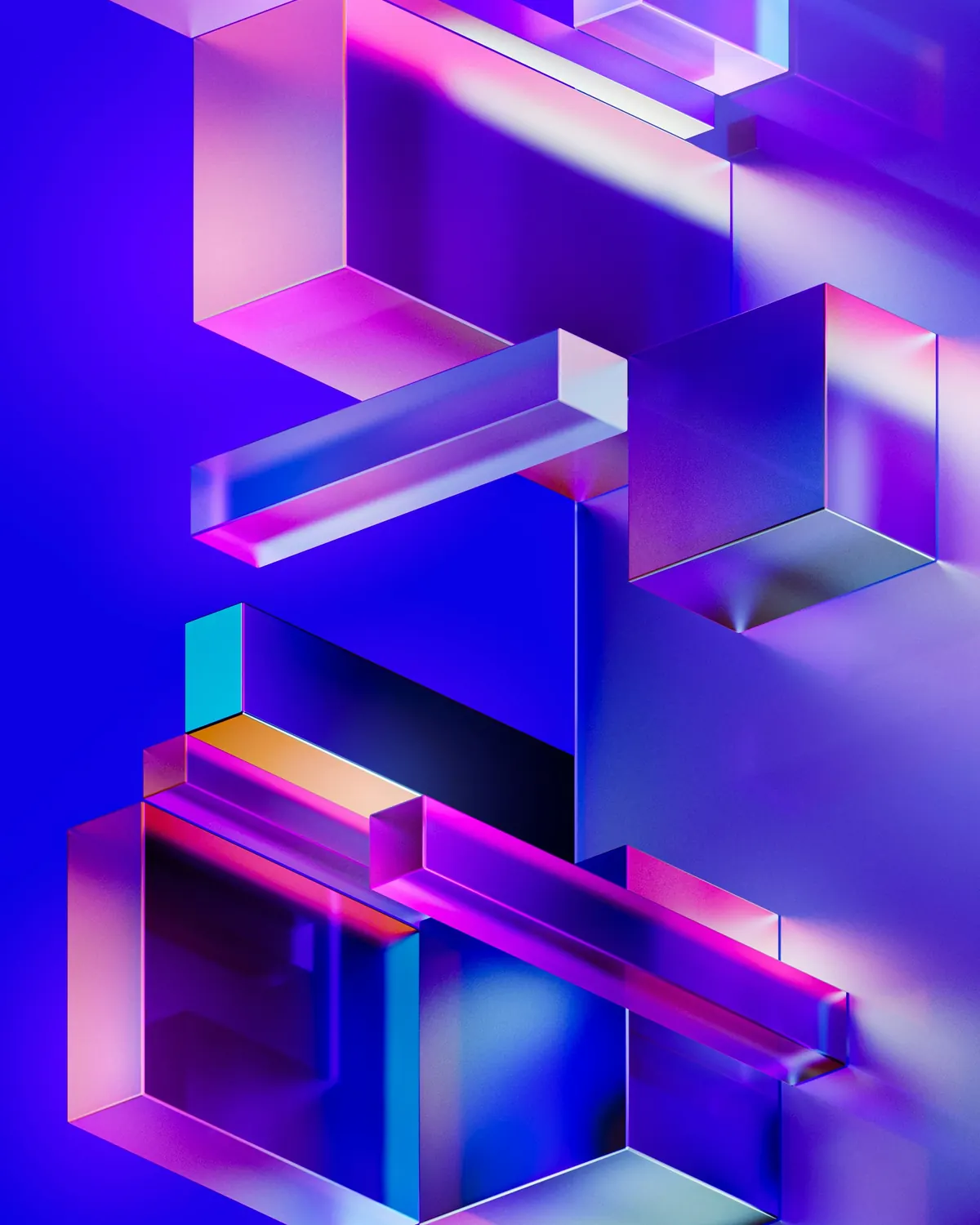 An abstract render of stacked translucent glass blocks glowing blue, violet and pink