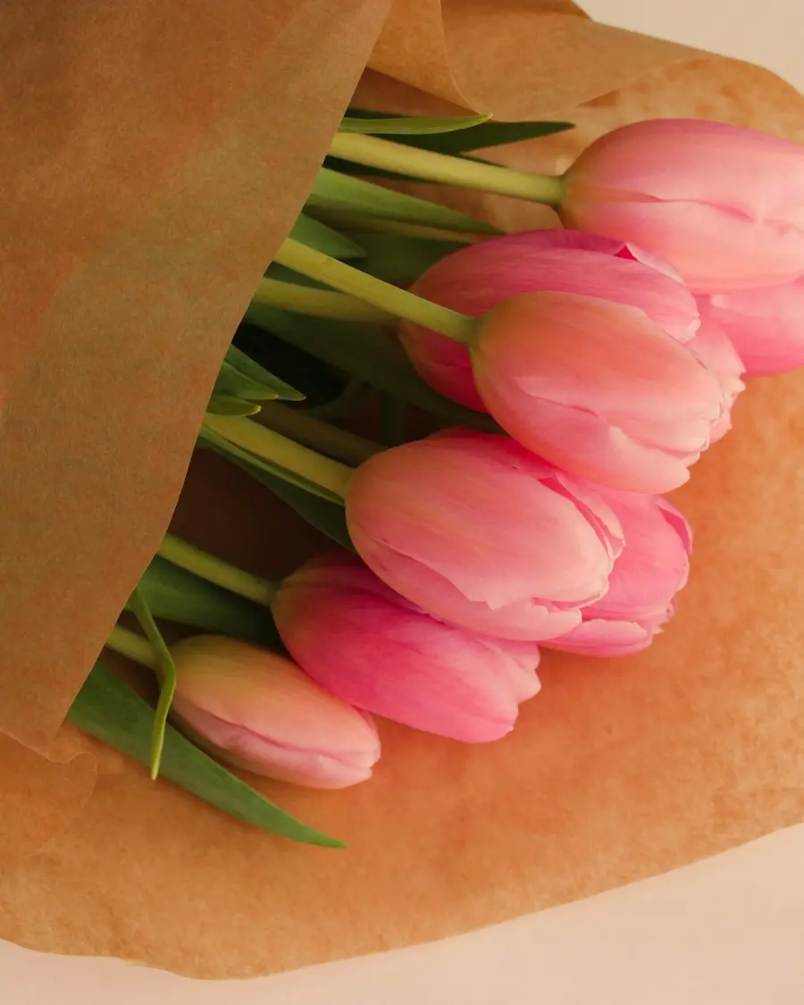 Pink tulips wrapped in brown kraft paper