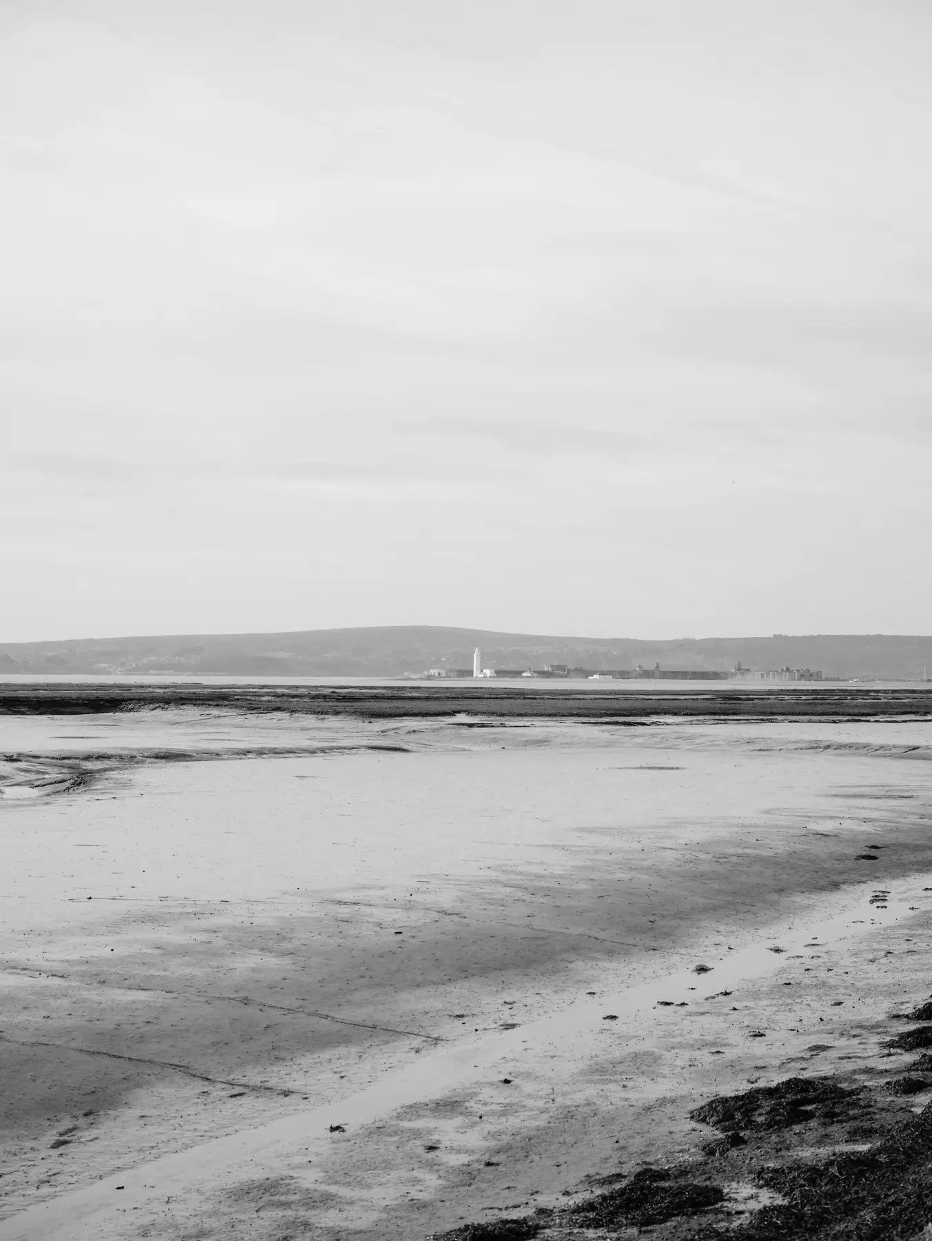 Grey tidal flats and shallow water under an overcast sky