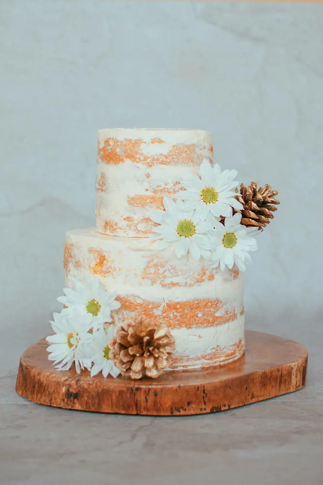 A three-tier semi-naked cake on a wooden slice, dressed with daisies and pinecones