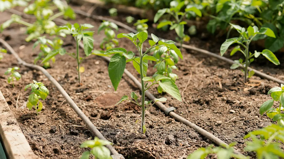 A drip irrigation line running past young plants in a garden bed