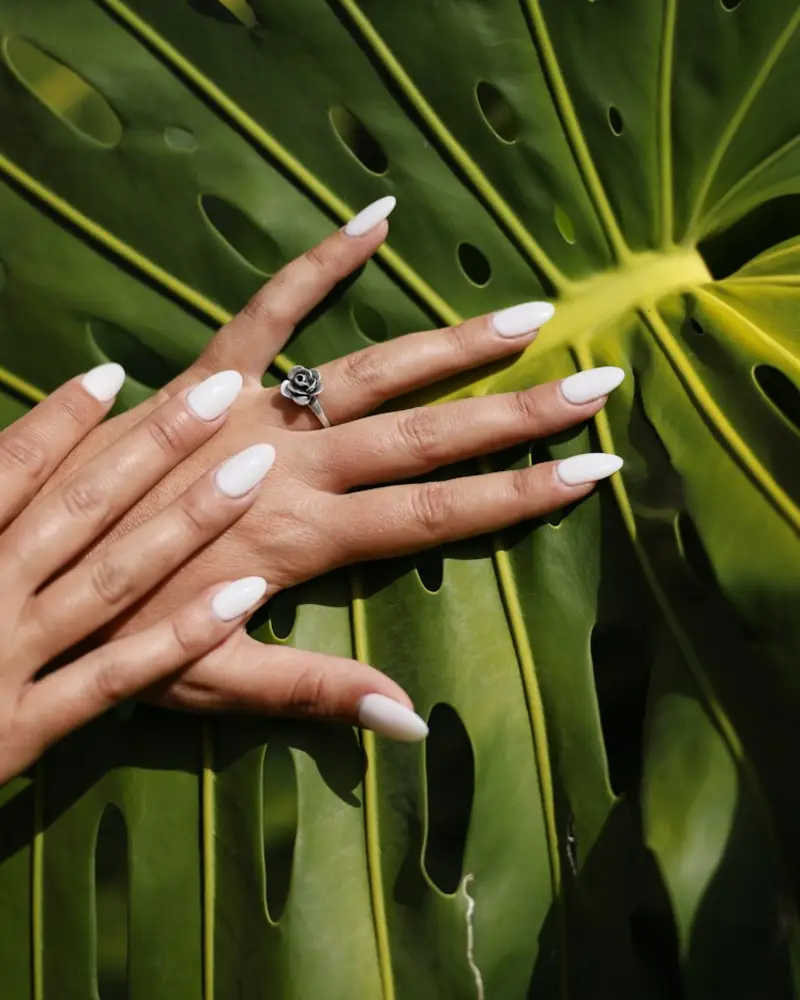 Two hands with medium almond nails in milky white resting on a monstera leaf