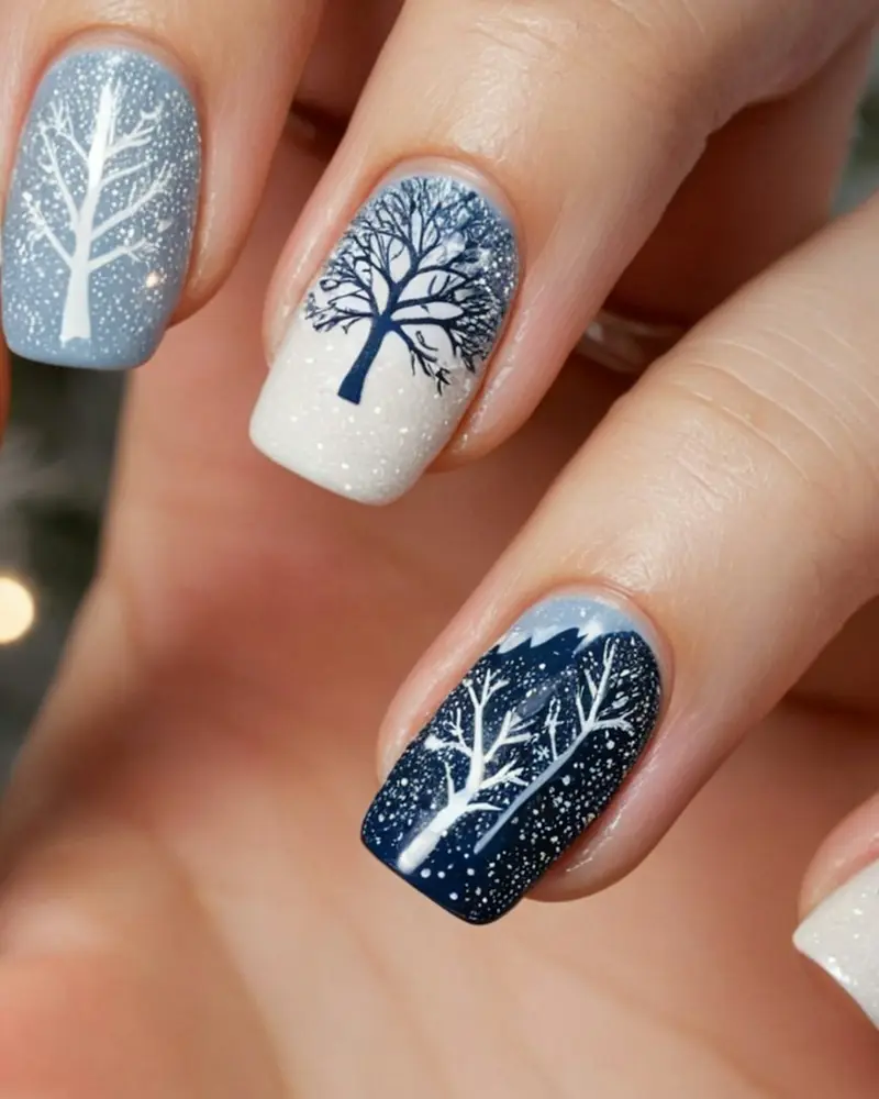 Square nails in pale blue and navy with bare white trees painted on three nails