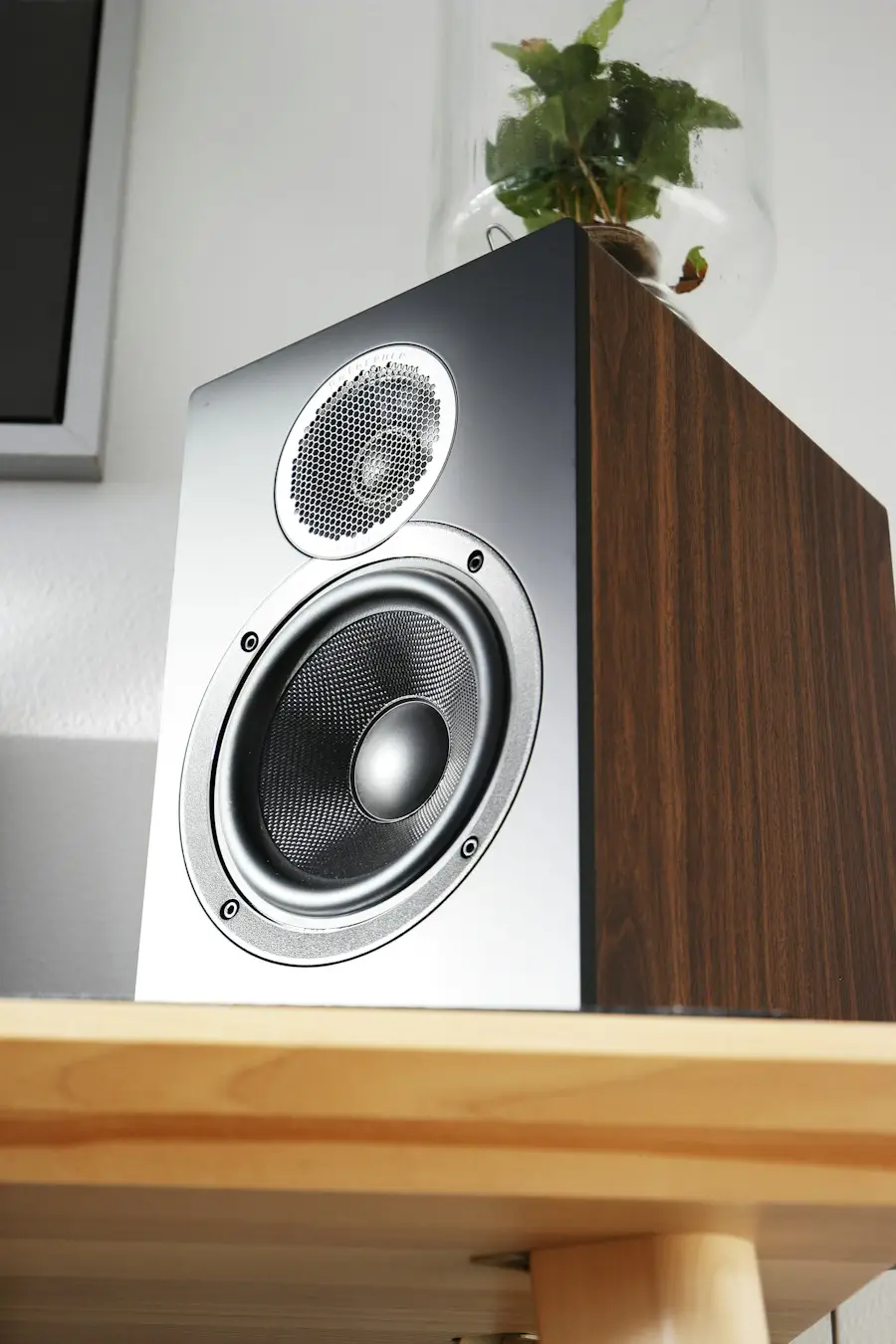 A walnut bookshelf speaker on an oak stand